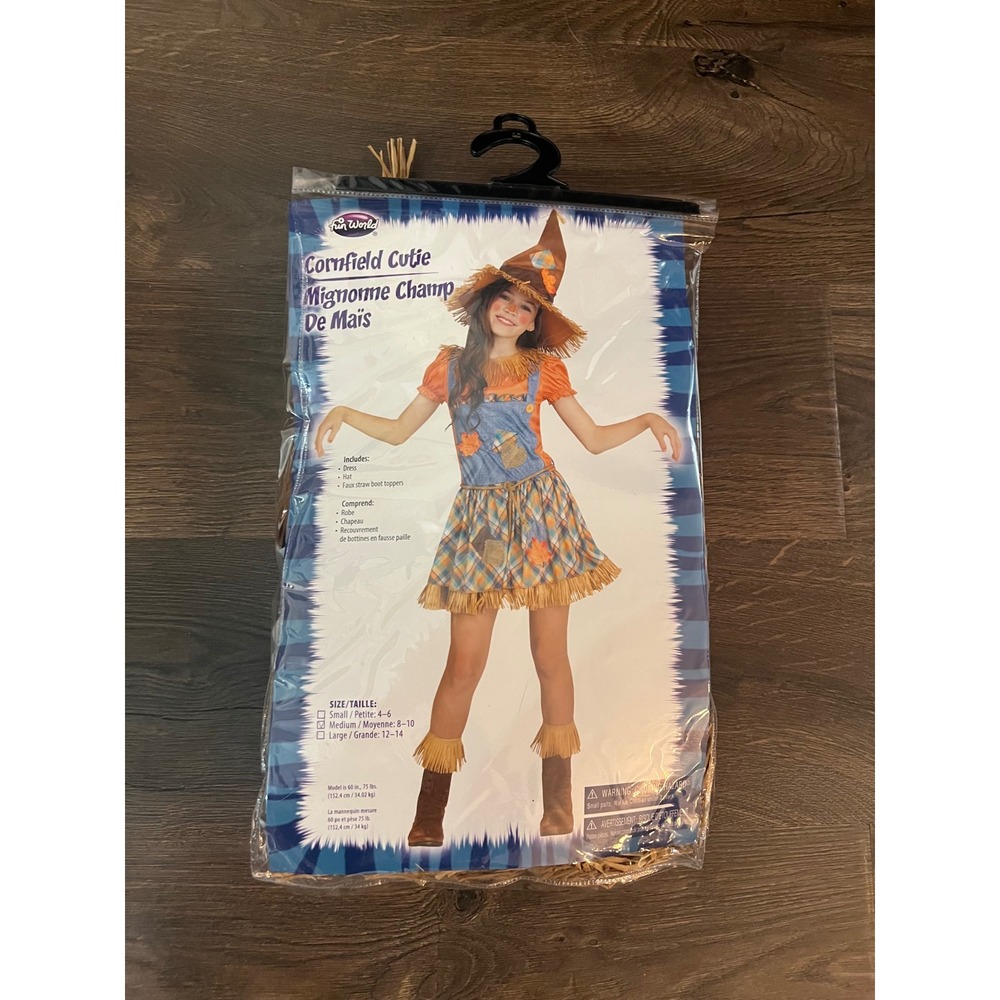 Fun World Cornfield Cutie Scarecrow Costume Girls Medium 8-10 Dress Hat Set